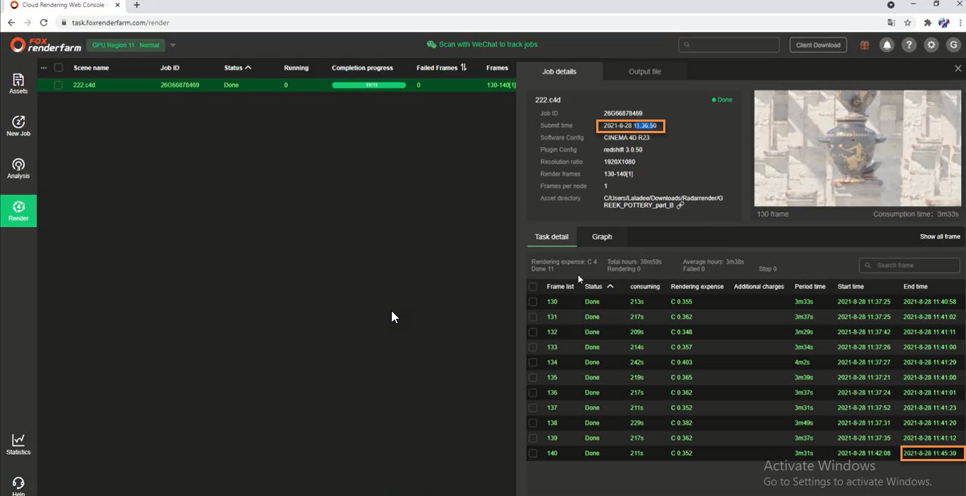 Fox Render Farm test result for Redshift render farm